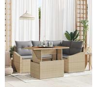 Modern 5-Piece Outdoor Dining Set, Patio Garden Furniture with Table and Storage Seating, Modular Rattan Sofa Set in Beige Grey for Terrace, Backyard, All-Weather Acacia Wood and Steel Construction