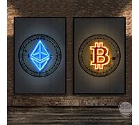 Modern Abstract Neon Style Bitcoin And Ethereum Art Poster 2 Pieces Canvas Painting Wall Print Picture For Living Room Home Decor 60Cmx80Cmx2Pcs Sans Cadre