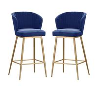 Modern Bar Stools Set of 2, Velvet Upholstered Barstools with Back, for Kitchen Counter/Dining Room(Gold-Blue,75cm/29.5in)