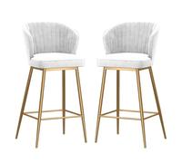 Modern Bar Stools Set of 2, Velvet Upholstered Barstools with Back, for Kitchen Counter/Dining Room(Gold-White,65cm/25.6in)