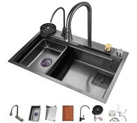 Modern Black Stainless Steel Kitchen Sink with Pull Down Faucet - Polyvalent Single Bowl Vegetable Bassin & Glass Rinsing Station for Home Use Durable & Stylish Design