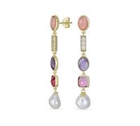 Modern Bridal Tri Tone Mixed Natural Pastel Soft Pink Green Gemstones Geometric Linear Thin Long Off White Freshwater Cultured Baroque Pearl Dangle Earrings For Women Teens Yellow Gold Plated