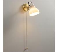 Modern Disc Shape Base Wall Sconce White Dome Shape Glass Lampshade Wall Light Copper Indoor Wall Lamp with Pull Chain Switch E12/14 Base for Bedroom Bathroom Hallway(Walnut Base)/Brass Base