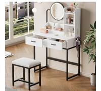 Modern Dressing Table with LED Lighting, Rotating Mirror, and Power outlets-Includes Stool and Black Metal Legs-2 Drawers + 2 Open Shelves, White, Dimensions: 80×138.5×40 cm
