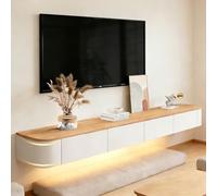 Modern Floating TV Stand with Storage Wall Mounted Media Console Entertainment Center for 47-118 inch TV Solid Wood TV Cabinet with Drawers & Shelves for Living Room Bedroom(Wood White LED,118.1IN)