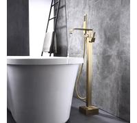 Modern Floor Mount Freestanding Bathtub Faucet with Handheld Shower Brass Single Handle High Flow Tub Filler