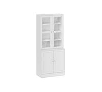 Modern glass-door bookcase with adjustable shelves, display storage cabinet, kitchen cabinet with small open countertop,white finish