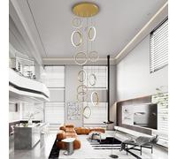 Modern Grand Stair Pendant Light 15 LED Dimmable Aluminum Ring Chandelier for Villa Hall High Ceiling Creative Design Remote Control Included.