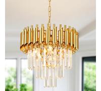 Modern Led Crystal Pendant Light Golden Crystal Chandelier Lights 3-Tier Raindrop Chandelier Light Fixture Flush Mount Ceiling Light for Dining Room Living Room Table Foyer,D40cm E14x4 LED lights…