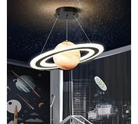 Modern LED Suspension Enfants Dimmable 40W, avec télécommande Creative Planet Lustre, Réglable en Hauteur Luminaire, Garçons Filles Chambre à Coucher LED Plafonnier ø45cm, Orange Saturn Circle