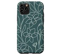 Modern Line Art Poppy Flower Leaves Boho Dark Green Coque pour iPhone 11 Pro