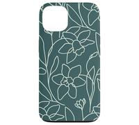 Modern Line Art Poppy Flower Leaves Boho Dark Green Coque pour iPhone 13