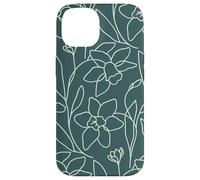 Modern Line Art Poppy Flower Leaves Boho Dark Green Coque pour iPhone 14