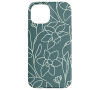 Modern Line Art Poppy Flower Leaves Boho Dark Green Coque pour iPhone 15