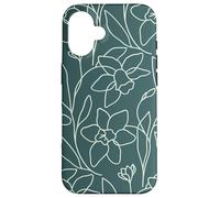 Modern Line Art Poppy Flower Leaves Boho Dark Green Coque pour iPhone 16