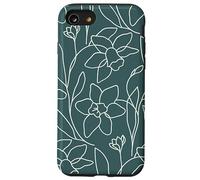 Modern Line Art Poppy Flower Leaves Boho Dark Green Coque pour iPhone SE (2020) / 7/8