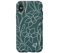 Modern Line Art Poppy Flower Leaves Boho Dark Green Coque pour iPhone X/XS