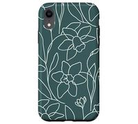 Modern Line Art Poppy Flower Leaves Boho Dark Green Coque pour iPhone XR