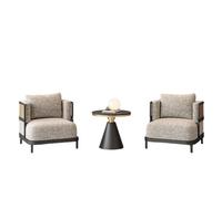 Modern Linen Sectional Sofa Set with Black Wood Frame Round Marble Coffee Table & Upholstered Armchairs for Bedroom Reading Room(A)