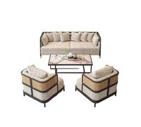 Modern Linen Sectional Sofa Set with Black Wood Frame Round Marble Coffee Table & Upholstered Armchairs for Bedroom Reading Room(E)