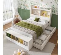 Modern Lit de Rangement Simple 90x190 cm, lit d'adolescent avec tiroirs, Cadre de lit en Bois avec sommier à Lattes, étagères et Banc avec Espace de Rangement(sans Matelas)