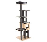 Modern Living Chelsea Arbre à chat élégant au design contrasté, bois clair et housses/troncs foncés, maison confortable et lit douillet, longs troncs griffoirs, hauteur : 185 cm