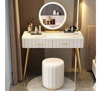 Modern Makeup Chair & Vanity Table Set with LED Lighted Mirror Cushioned Stool Solid Wood Storage Desk - Perfect Women's Gift for Bedroom White Finish 100cm/39.4in