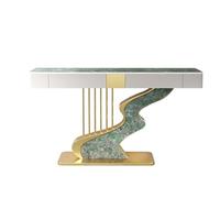 Modern Narrow Console Table, Wood Table with Storage Drawers & Shelves, Geometric Metal Frame for Entryway, Hallway Or Sofa Use(Green(Gold),140CM)