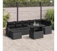 Modern Outdoor Patio Furniture Set 8-Piece Black Wicker Sofa Sectional with Cushions and Glass Table, All-Weather Rattan Conversation Set for Garden, Terrace, Poolside Lounge and Relaxation