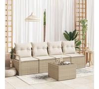 Modern Outdoor Rattan Sofa Set 5 Pieces with Cushions, Beige Cream Wicker Patio Furniture Set with Glass Coffee Table and Storage, Waterproof, Modular Garden Seating for Terrace, Backyard, Poolside