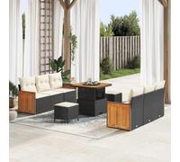 Modern Outdoor Sofa Set 9 Pieces with Cushions, Black and Cream Garden Furniture Modular Patio Conversation Set with Storage, Acacia Wood and Durable Poly Rattan for Terrace, Backyard, Poolside