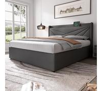 Modern Rembourré Cadre de lit avec Lattes, Lit Double avec Rangement et Fonction de Chargement USB Typ C intégrée,lit Double rembourré, Tête de lit en Tissu en Lin (166x208x107(BxLxH)) Grey
