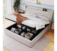 Modern Rembourré Cadre de lit avec lattes180x200 cm, Lit Double avec Rangement et Fonction de Chargement USB-C intégrée,Tête de lit en Tissu en Lin (sans Matelas)