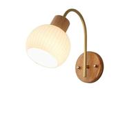 Modern Ribbed White Glass Shade Wall Sconce Mid Century Modern Wood Base Brass Finish Wall Lamp Minimalist Reading Wall Mounted Light Fixture For Bedside Hallway