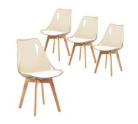 Modern Scandinavian Dining Chairs Set of 4 - SGS Certified Ergonomic Design Natural Beech Wood Legs Transparent Brown White PU Leather for Kitchen Office Or Bedroom.