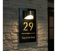 Modern Solar House Number Sign for Outside, Waterproof LED Illuminated Address Plaque with Street Name, Personalized Custom Lighted Address Sign for Yard, Front Door, Patio(Black-Gold)
