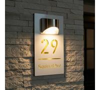 Modern Solar House Number Sign for Outside, Waterproof LED Illuminated Address Plaque with Street Name, Personalized Custom Lighted Address Sign for Yard, Front Door, Patio(White-Gold)