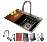 Modern Stainless Steel Waterfall Kitchen Sink - 1 Bassin Rectangulaire Design Multifunctional with Siphon Overflow & Drain Set Complete Accessory Kit Included