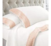 Modern Threads Amrapur Overseas Parure de lit en Microfibre Douce et Dentelle au Crochet avec Drap Plat, Drap-Housse à Bonnet Profond et taies d'oreiller, Blanc/rougeur, King Size