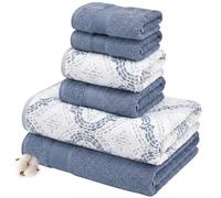 Modern Threads Capri Lot de 6 Serviettes Jacquard réversibles en Fil Teint - Serviettes de Bain, essuie-Mains et débarbouillettes - Super absorbantes et à séchage Rapide - 100% Coton peigné - Denim