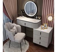 Modern Vanity Desk Set with LED Lights and Adjustable Cabinet White+Gold 120cm/47in Stylish Makeup Vanity Table with Cushioned Stool and 3 Lighting Modes for Home Bedroom Studio