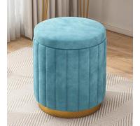 Modern Velvet Ottoman Stool Upholstered Footrest For Makeup Solid Wood Frame Stable & Durable Stylish Gray Vanity Seat For Living Room & Bedroom Decor(Blue-34*34*44 Cm/13.3*13.3*17.3 In)