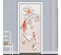 Moderne Art Stickers De Porte Pvc Fleur De Poisson Animal En Relief Autocollant Porte 3D Imperméable Trompe L'Œil Papier Peint Murale Pour Salon Cuisine Chambre Salle De Bain Decoration 95 X 215 Cm