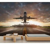 Moderne avion de passagers peinture murale - aéroport piste et coucher de soleil fond, autocollant grand fond d'écran pour l'aviation Lover Room 250x175cm (Non autocollant)