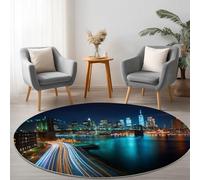 Moderne Bleu Foncé Doux Tapis Rond 150 cm, Lavable Antidérapant Poil Ras Carpet, Motif Ville Architecture Pont Descente de Lit Chambre Adulte Salon Salle a Manger Bureau Table Basse