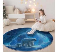 Moderne Bleu Imprimé Tapis Rond, Animaux Fantastique Glacier Ours Polaire Lavable en Machine Tapis à Poils Courts pour Salon Chambre Cuisine Bureau Décoration - 180 cm Antidérapant Intérieur Moquette