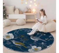 Moderne Bleu Imprimé Tapis Rond, Style Chinois Branches Oiseaux Fleurs Lavable en Machine Tapis à Poils Courts pour Salon Chambre Cuisine Bureau Décoration - 180 cm Antidérapant Intérieur Moquette