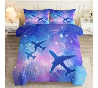Moderne Bleu Violet Housse de Couette 90x190 cm, Rêveur Ciel Étoilé Avion Parures de Lit Enfants - Douce et Confortable Microfibre Brossée Housse de Couette Impression 3D avec Taie d'oreiller