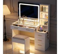 Moderne Coiffeuse avec Éclairage LED 3 Couleurs et Plateau Verre, Grande Coiffeuse avec 5 Tiroirs et 4 Espaces de Rangement, OuvertsStation de Recharge & Support Sèche-Cheveux, Moderne Blanc