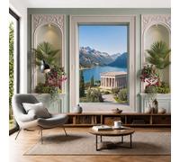 Moderne Encadrée Par Une Fenêtre Photo Papier Peint 400X280Cm Architecture Grecque Lacs Beige Papier Peint Panoramique Poster Geant Mural Fresque Murale Intissé Salon Chambre D'Enfant Fond Tv Décor